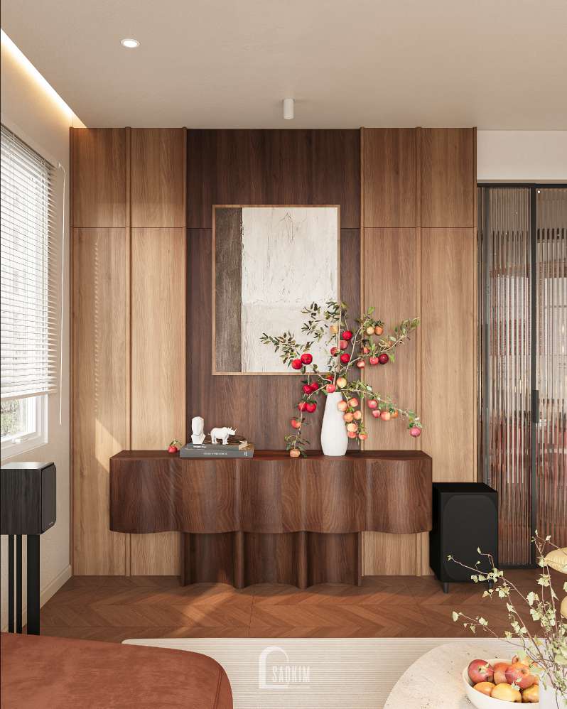 Thiết kế nội thất phòng khách mang phong cách Japandi mix Modern Organic tại dư án nhà phố Long Biên